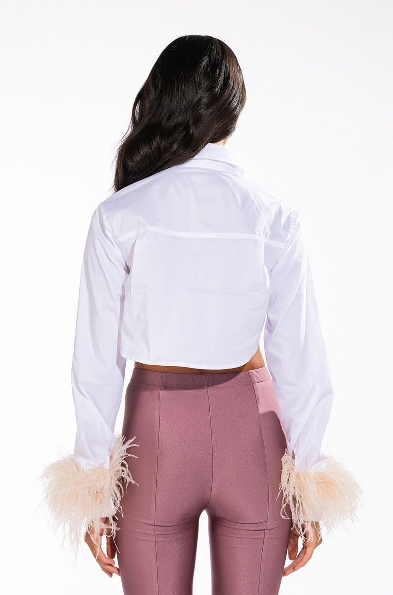 FEATHERS ON MY MIND CROPPED POPLIN SHIRT WITH FEATHERS