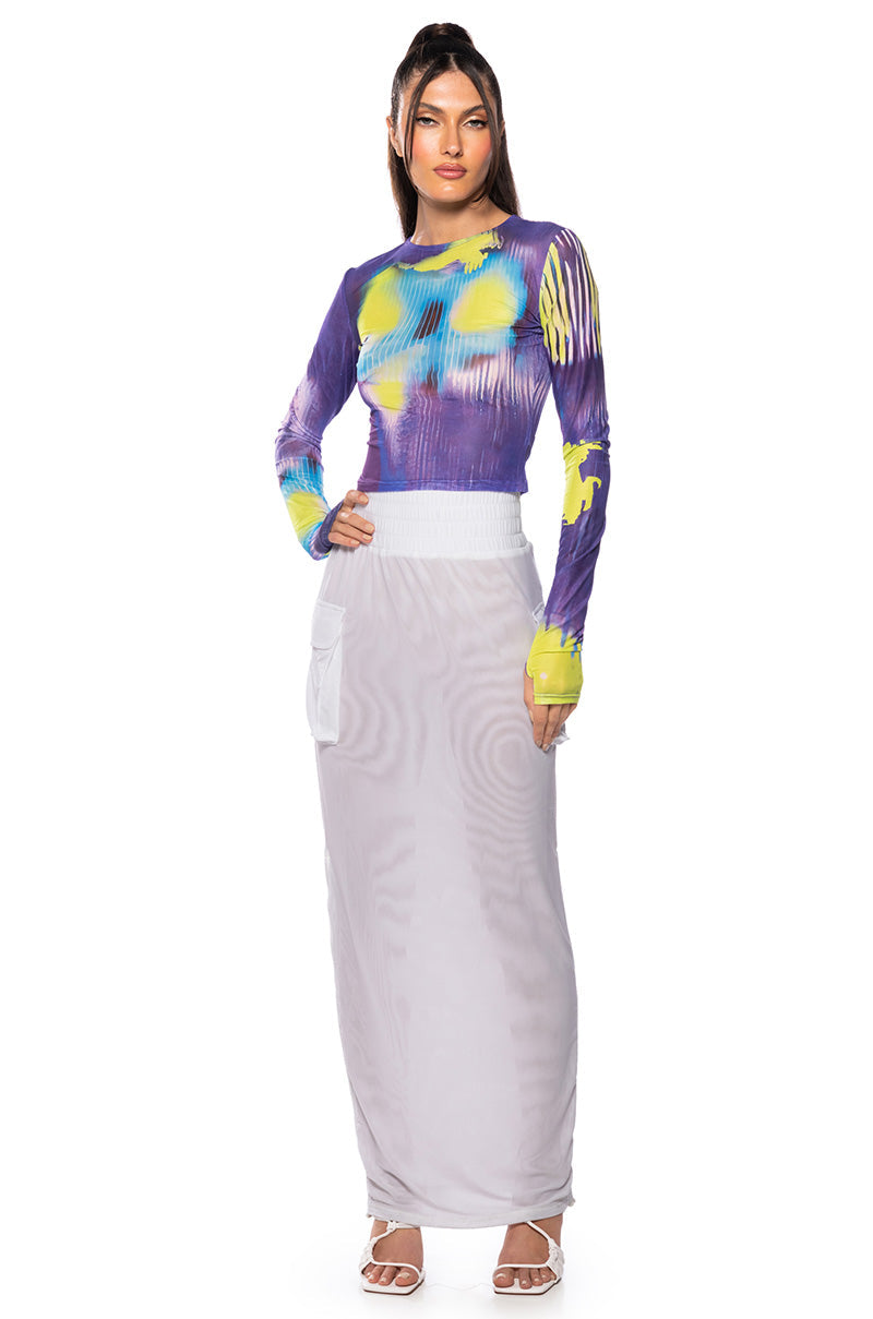 FOLLOW ME ADJUSTABLE DOUBLE MESH CARGO SKIRT IN WHITE