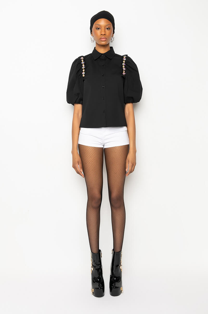 NARCISSA EMBELLISHED SHORT SLEEVE POPLIN BLOUSE