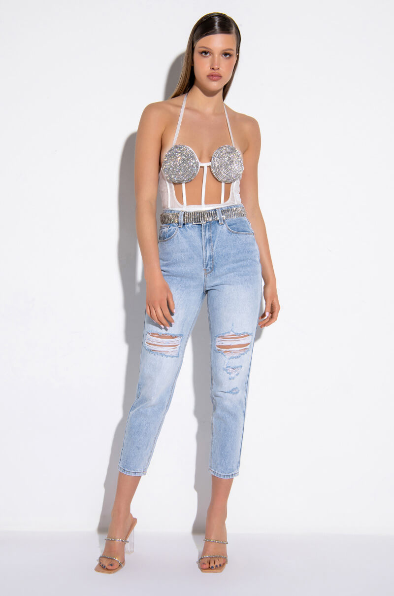 GLITCH IN THE MATRIX RHINESTONE MESH HALTER BODYSUIT