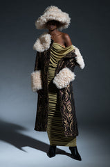 FLUFFY TRENCH WITH BONDED SHERPA ON BROCADE