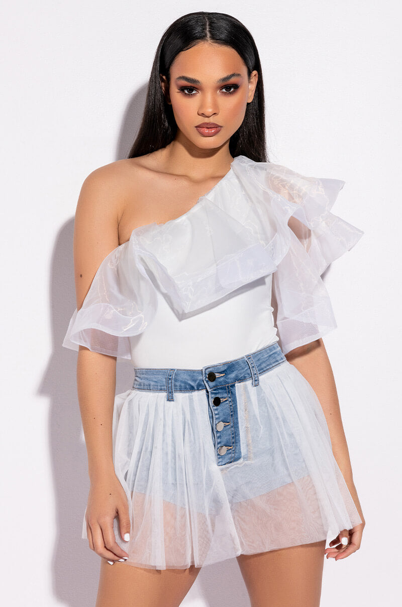 HEAVENLY ONE SHOULDER RUFFLE BODYSUIT