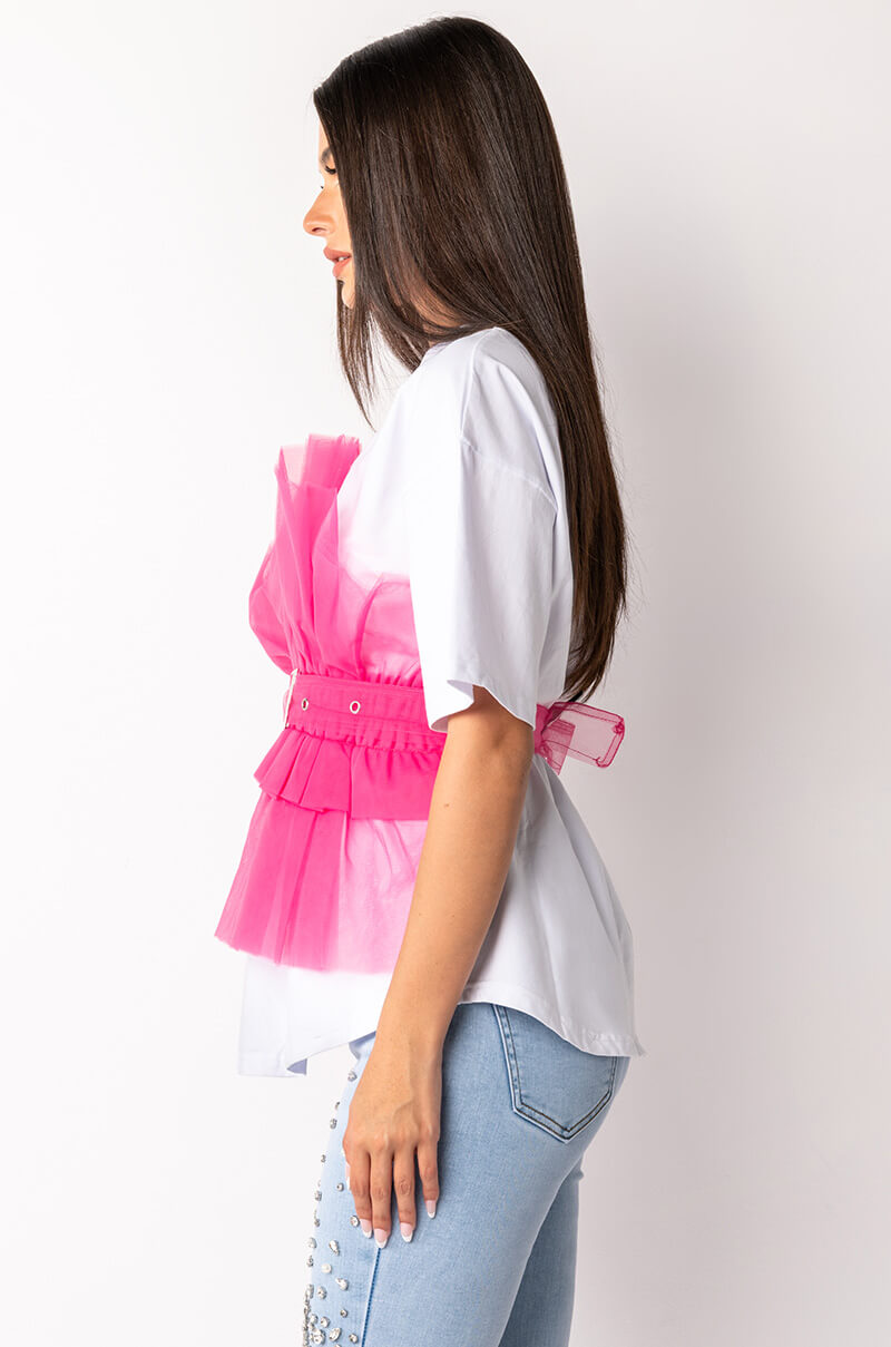 HERE COMES TROUBLE TULLE DETAIL BELTED T SHIRT