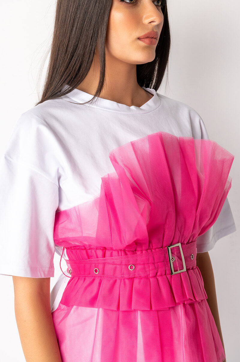 HERE COMES TROUBLE TULLE DETAIL BELTED T SHIRT