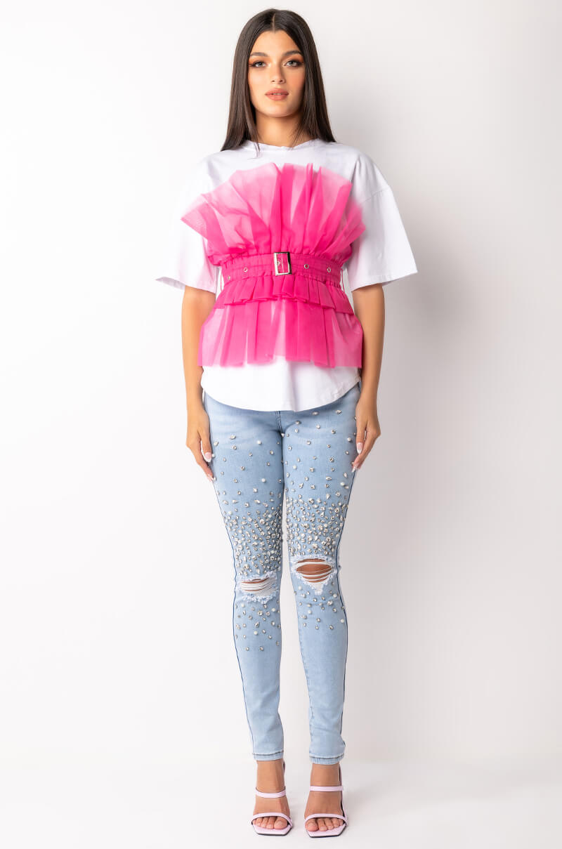 HERE COMES TROUBLE TULLE DETAIL BELTED T SHIRT