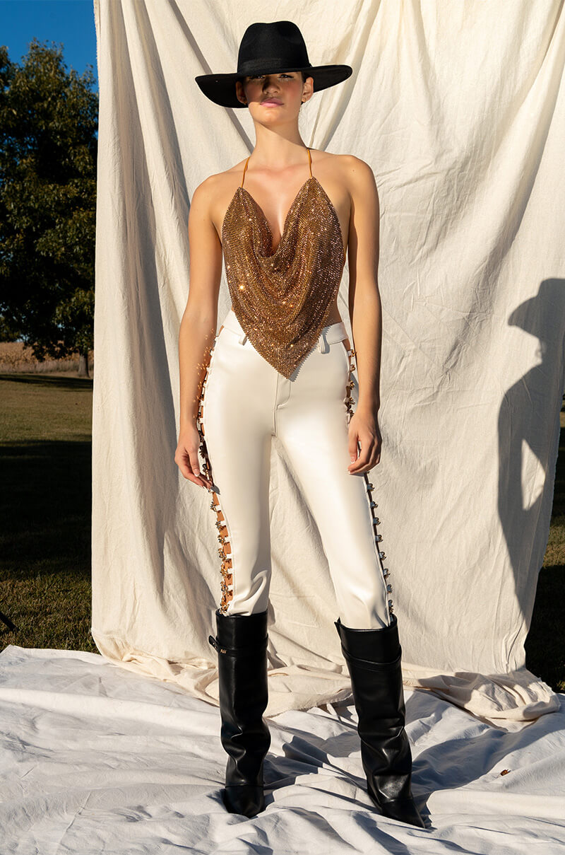HOW I DO COWL NECK RHINESTONE TOP