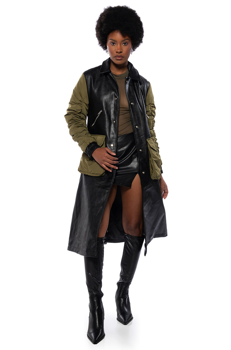 HYBRID MOTO PLEATHER TRENCH