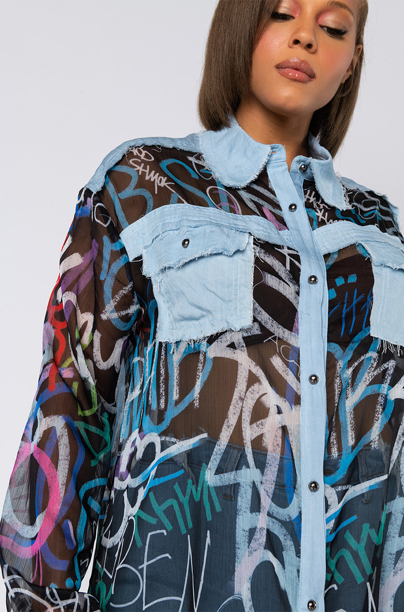 I'LL TAKE IT FROM HERE MESH LONG SLEEVE BUTTON UP BLOUSE