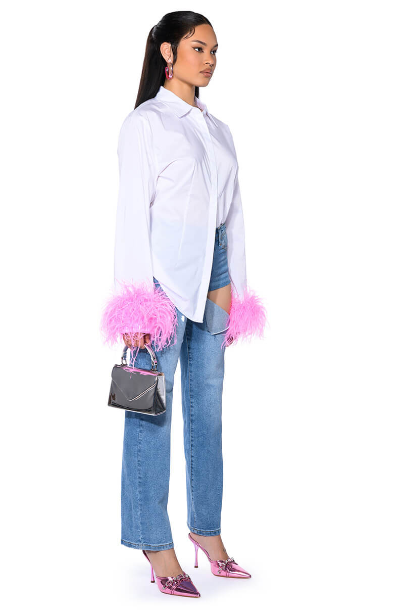 IM A FLIRT OSTRICH FEATHER BUTTON DOWN BLOUSE