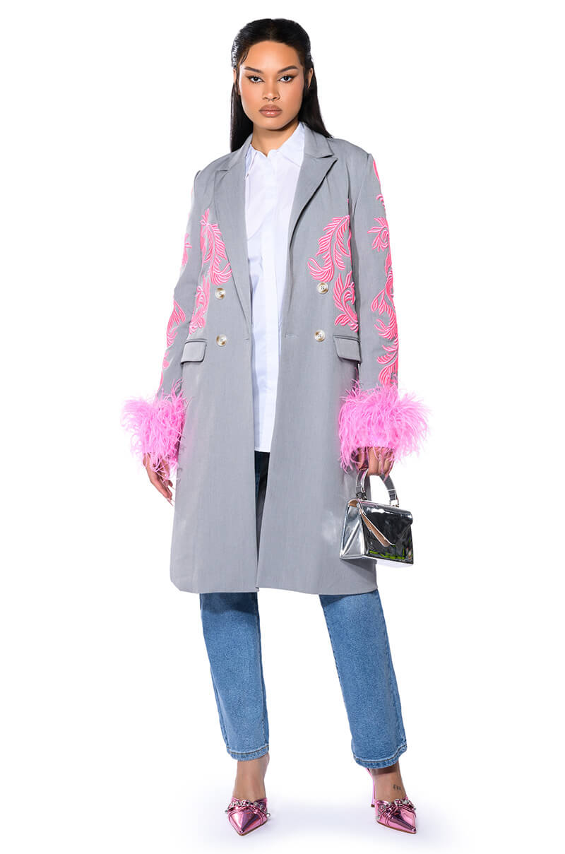 IM A FLIRT OSTRICH FEATHER BUTTON DOWN BLOUSE