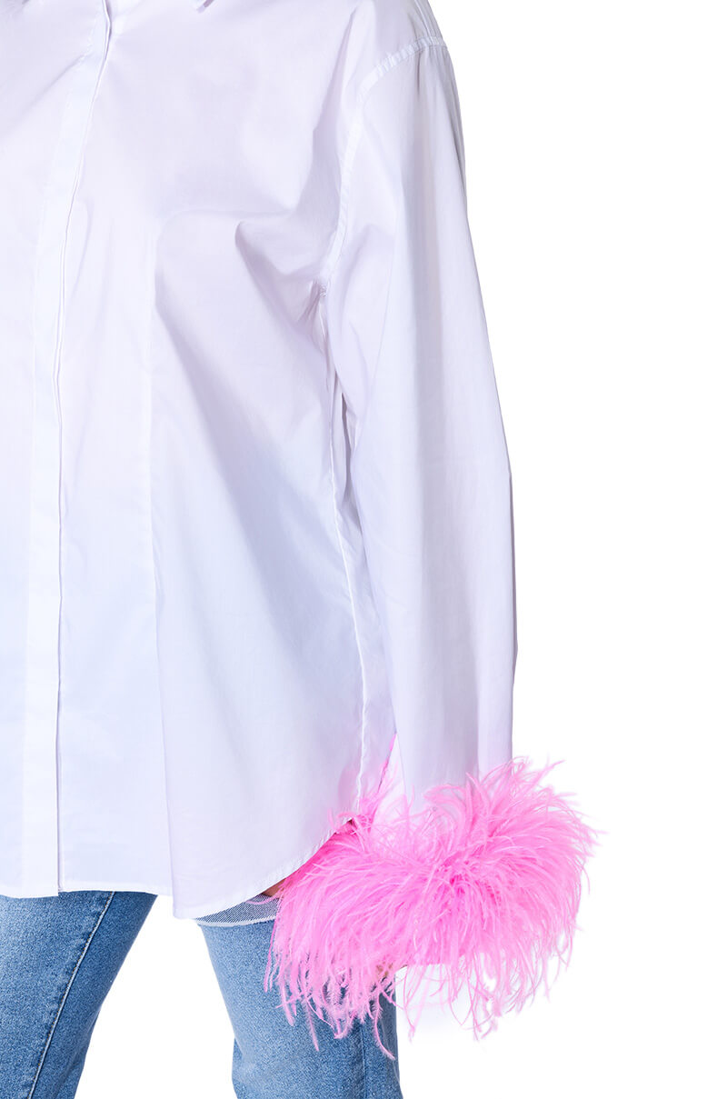 IM A FLIRT OSTRICH FEATHER BUTTON DOWN BLOUSE