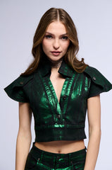 KAROLINA METALLIC GREEN BUTTON DOWN TOP