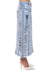 KENNIE DISTRESSED DENIM MIDI SKIRT