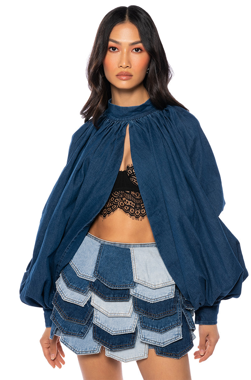 LEAH RUCHED DENIM MOCK NECK TOP