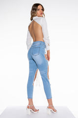 LIL BIT OF BLING CROPPED OPEN BACK POPLIN BLOUSE