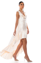 LONNIE COWL NECK HIGH LOW SATIN MIDI DRESS