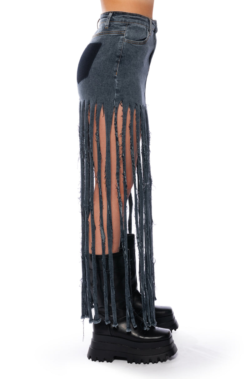 LOST AT SEA FRINGE DENIM MAXI SKIRT