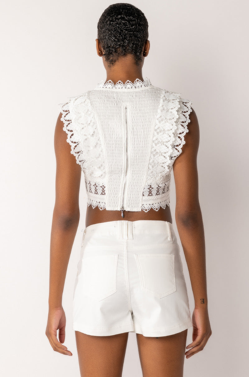 MAIN SQUEEZE DEEP V SLEEVELESS CROCHET BLOUSE