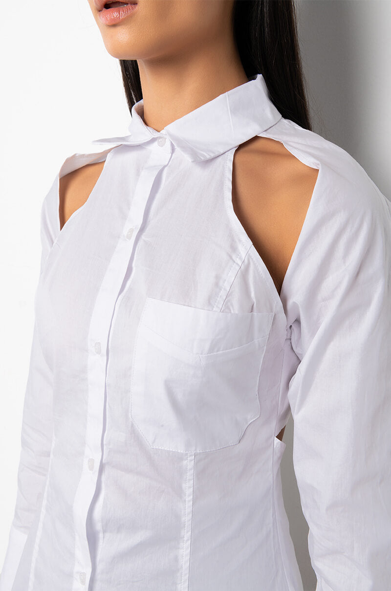 MISS CEO CUTOUT LONG SLEEVE POPLIN BLOUSE