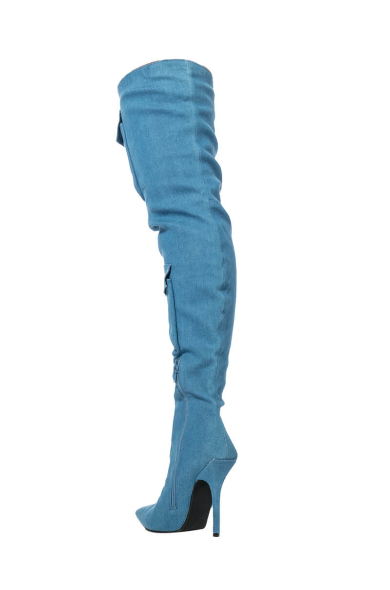 MOTOFOX STILETTO OVER THE KNEE BOOT IN BLUE DENIM