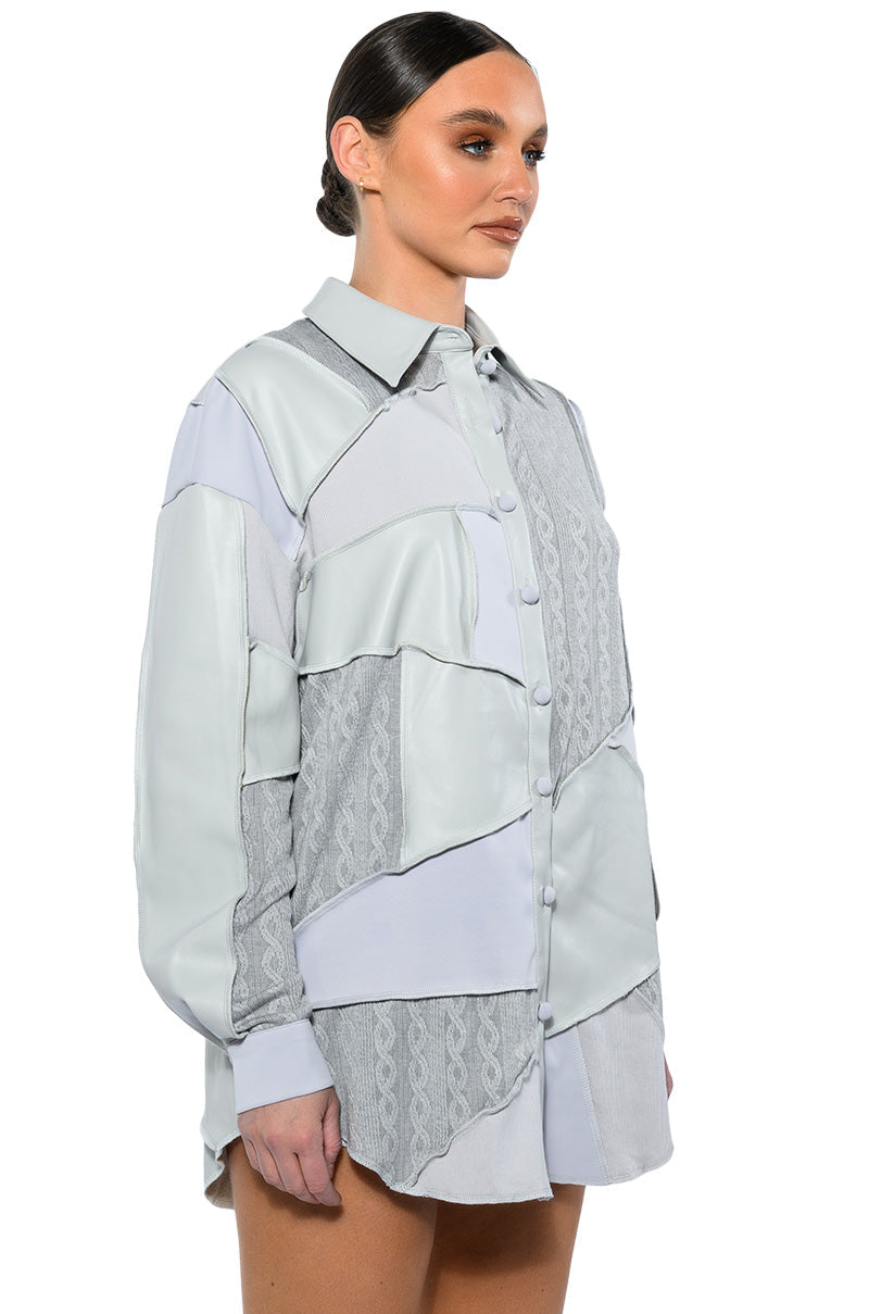 MULTI GREY PATCHWORK BUTTON DOWN BLOUSE
