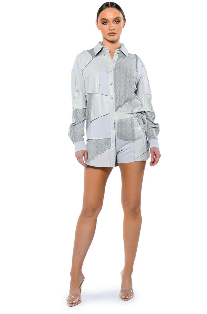 MULTI GREY PATCHWORK BUTTON DOWN BLOUSE