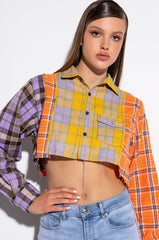 NEW TO HER CROPPED BUTTON UP PLAID TOP