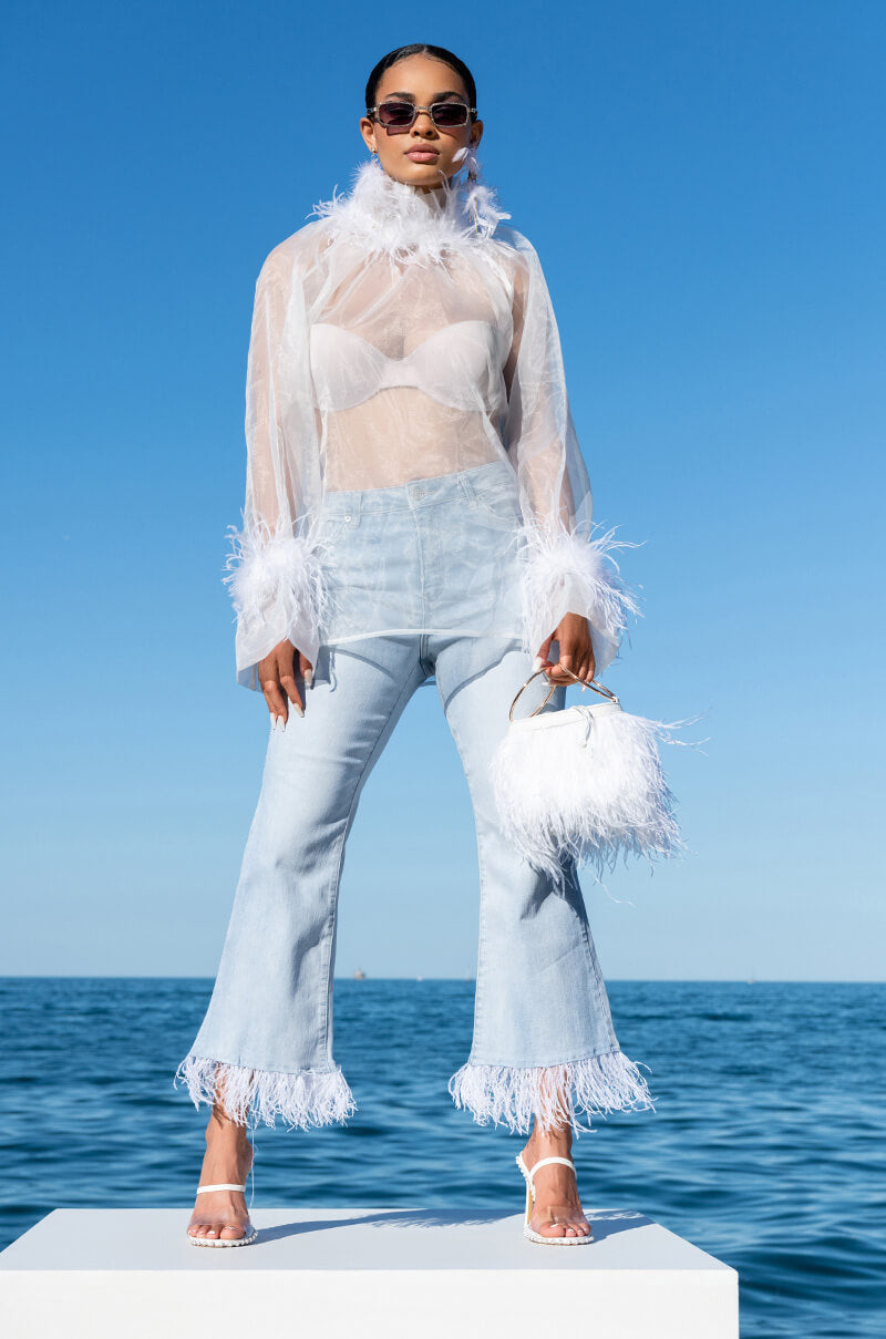 NICE TO MEET YOU FEATHER TRIM LONG SLEEVE ORGANZA BLOUSE