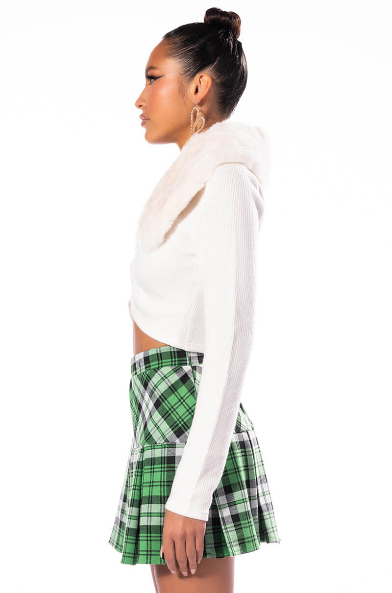 NO PICTURES PLEASE FAUX FUR COLLAR ZIP CARDIGAN