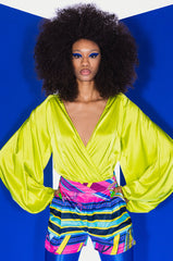 NO PICTURES PLEASE WRAP FRONT LONG SLEEVE SATIN BODYSUIT