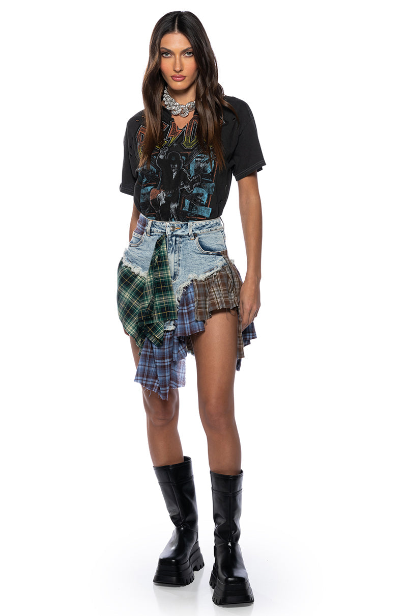 OUT AND ABOUT FLANNEL DENIM SKIRT