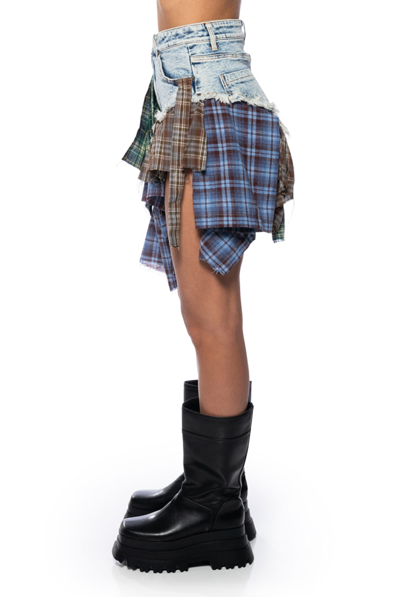 OUT AND ABOUT FLANNEL DENIM SKIRT