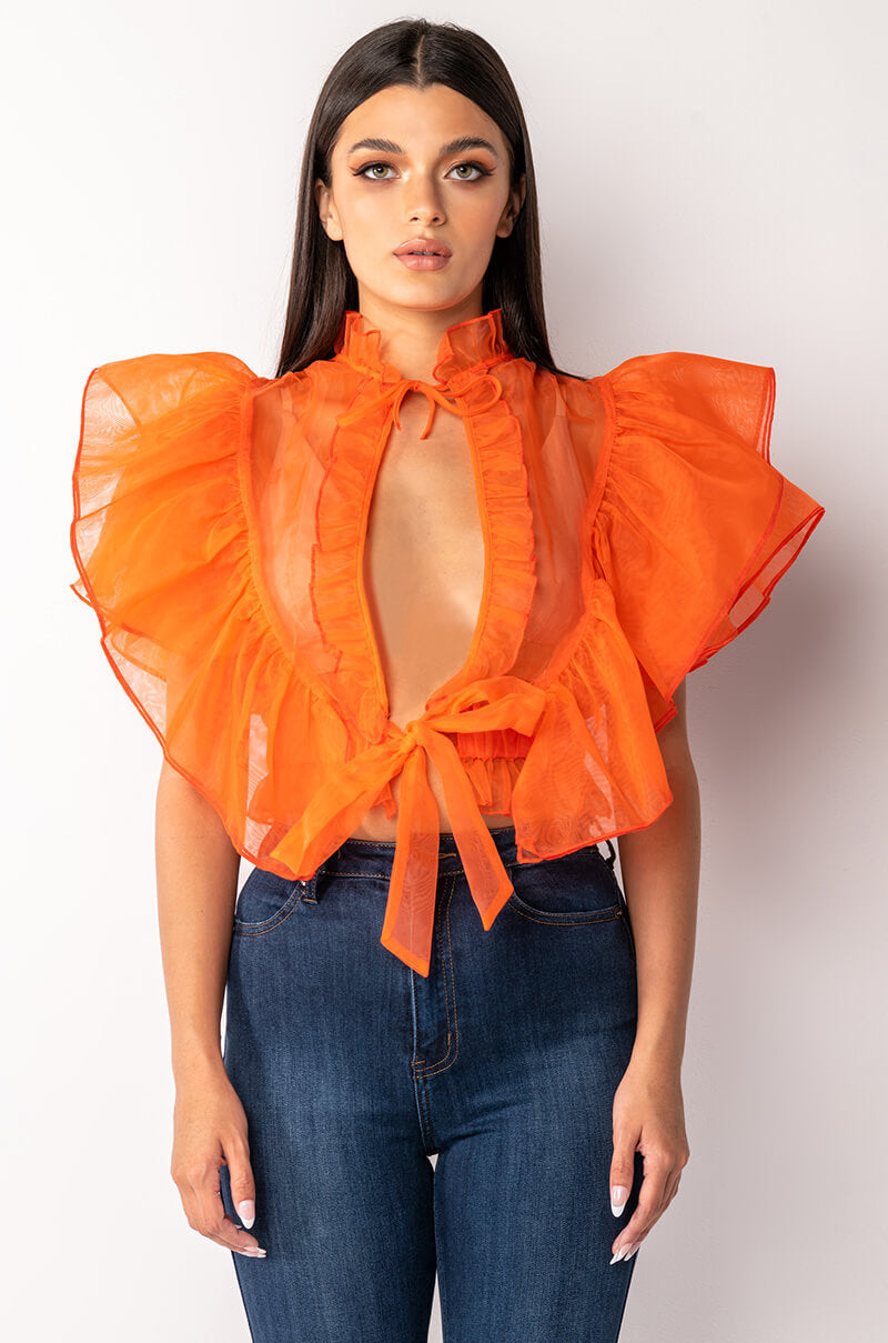 OUTTA MY WAY RUFFLE SLEEVE ORGANZA TIE FRONT BLOUSE