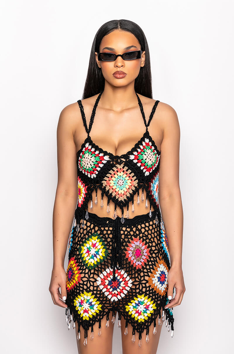 PACK YOUR BAGS RHINESTONE TRIM CROCHET CROP TOP