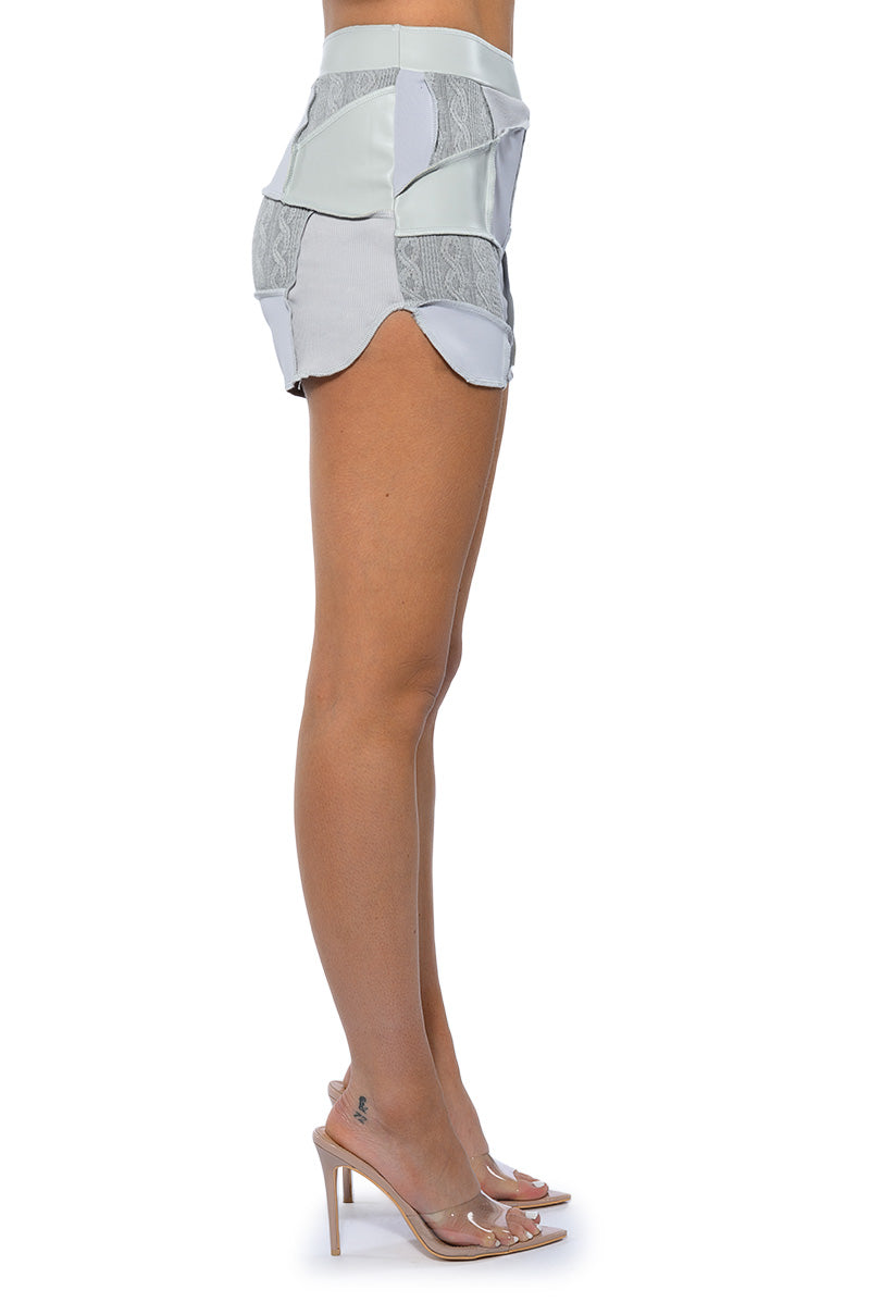 PATCHWORK SHADES OF GREY FAUX LEATHER SHORTS