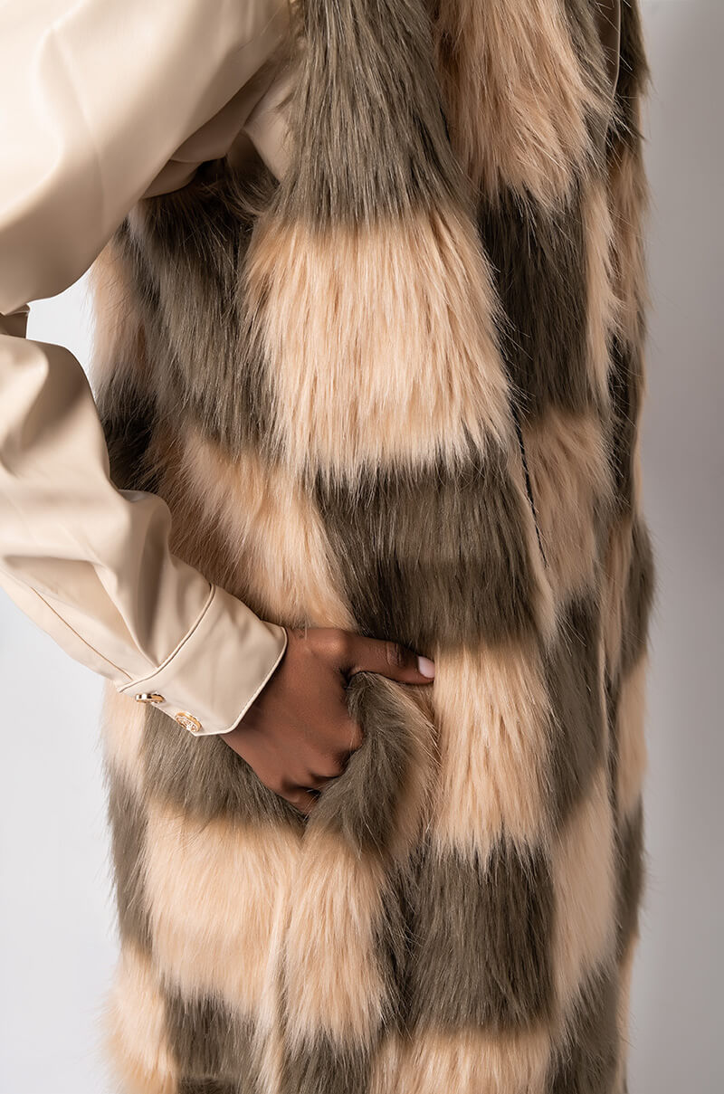 PAY TRIBUTE CHECKERED FAUX FUR VEST