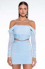 PERFECTIONIST CORSETED BANDAGE OFF THE SHOULDER BLOUSE