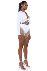 PIPING HOT RHINESTONE TIE FRONT LONG SLEEVE TSHIRT