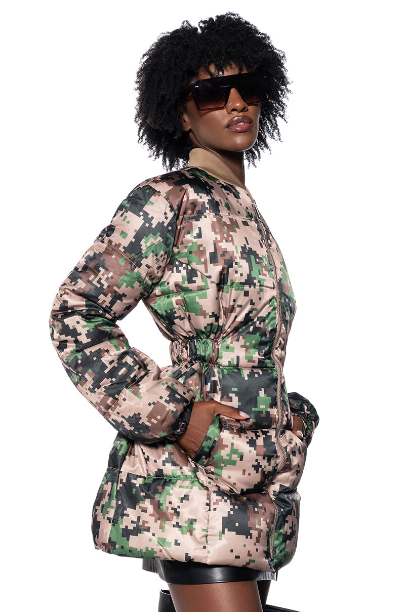 PIXIL CAMO PEPLUM PUFFER JACKET