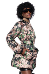 PIXIL CAMO PEPLUM PUFFER JACKET
