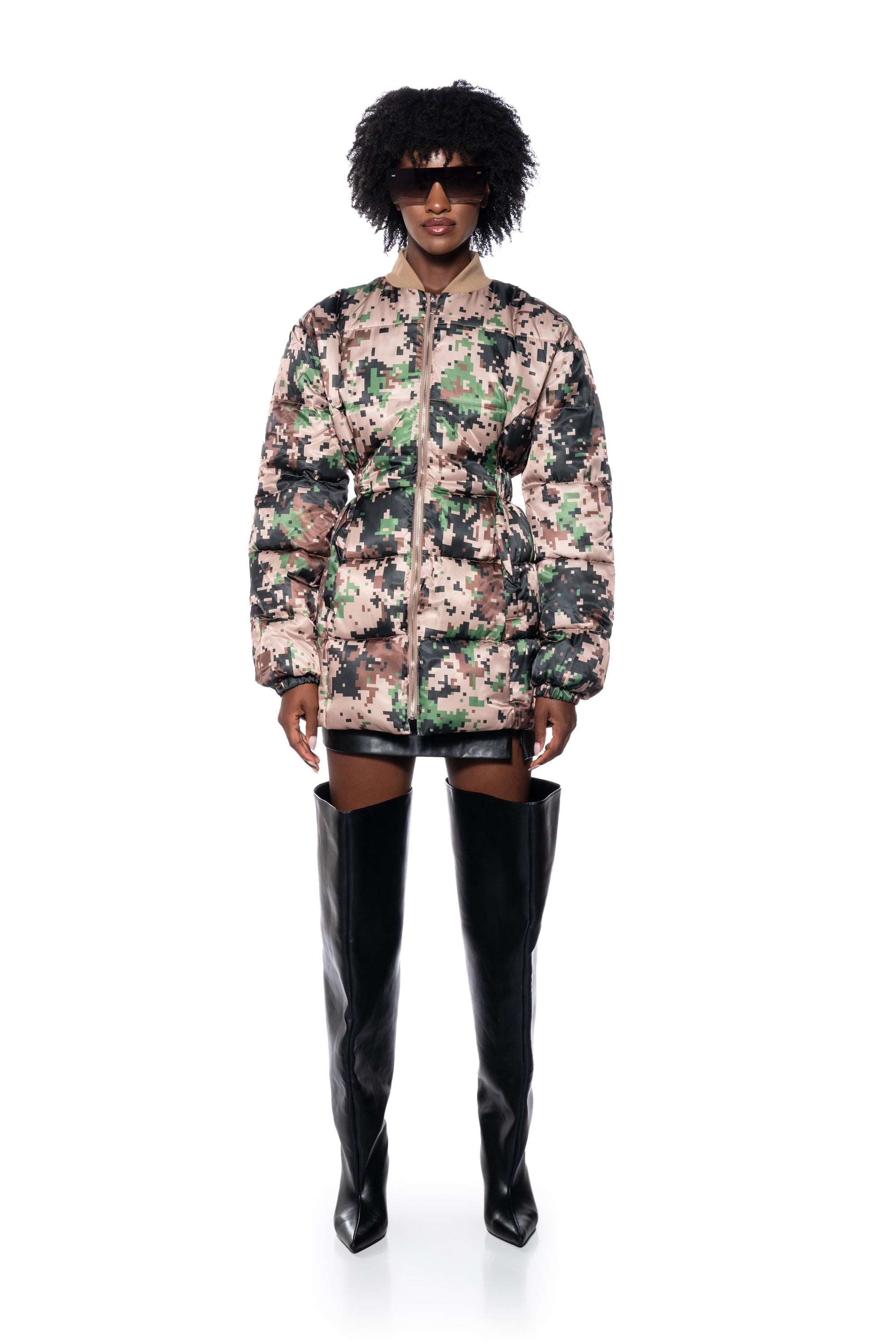 PIXIL CAMO PEPLUM PUFFER JACKET
