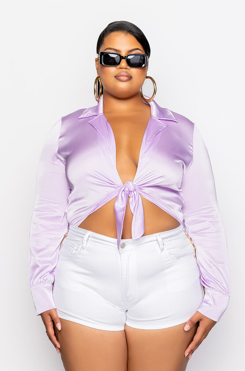 PLUS BETTER BELIEVE IT TIE FRONT SATIN BODYSUIT