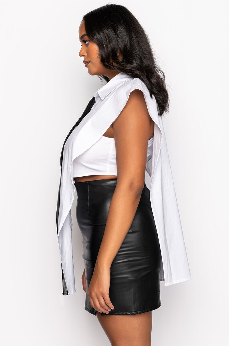 PLUS IVANA FAUX LEATHER PANEL BUTTON DOWN SLEEVELESS BLOUSE