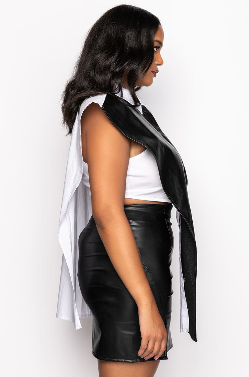 PLUS IVANA FAUX LEATHER PANEL BUTTON DOWN SLEEVELESS BLOUSE