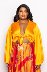 PLUS MARIPOSA TIE FRONT BUTTERFLY SLEEVE SATIN BODYSUIT