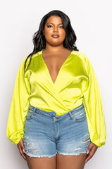 PLUS NO PICTURES PLEASE WRAP FRONT LONG SLEEVE SATIN BODYSUIT