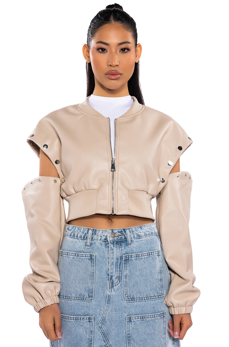 PRESS MY BUTTONS FAUX LEATHER BOMBER