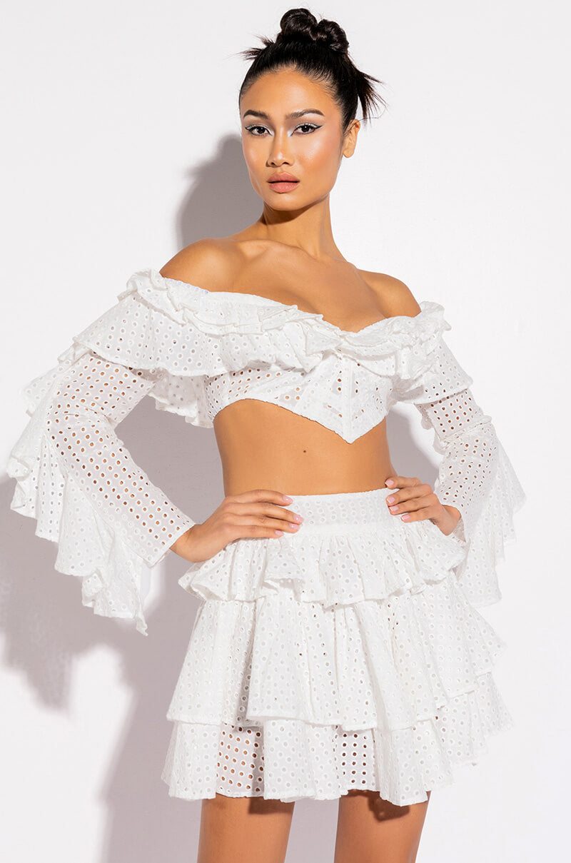 PRETTY LIL THANG EYELET OFF THE SHOULDER BLOUSE