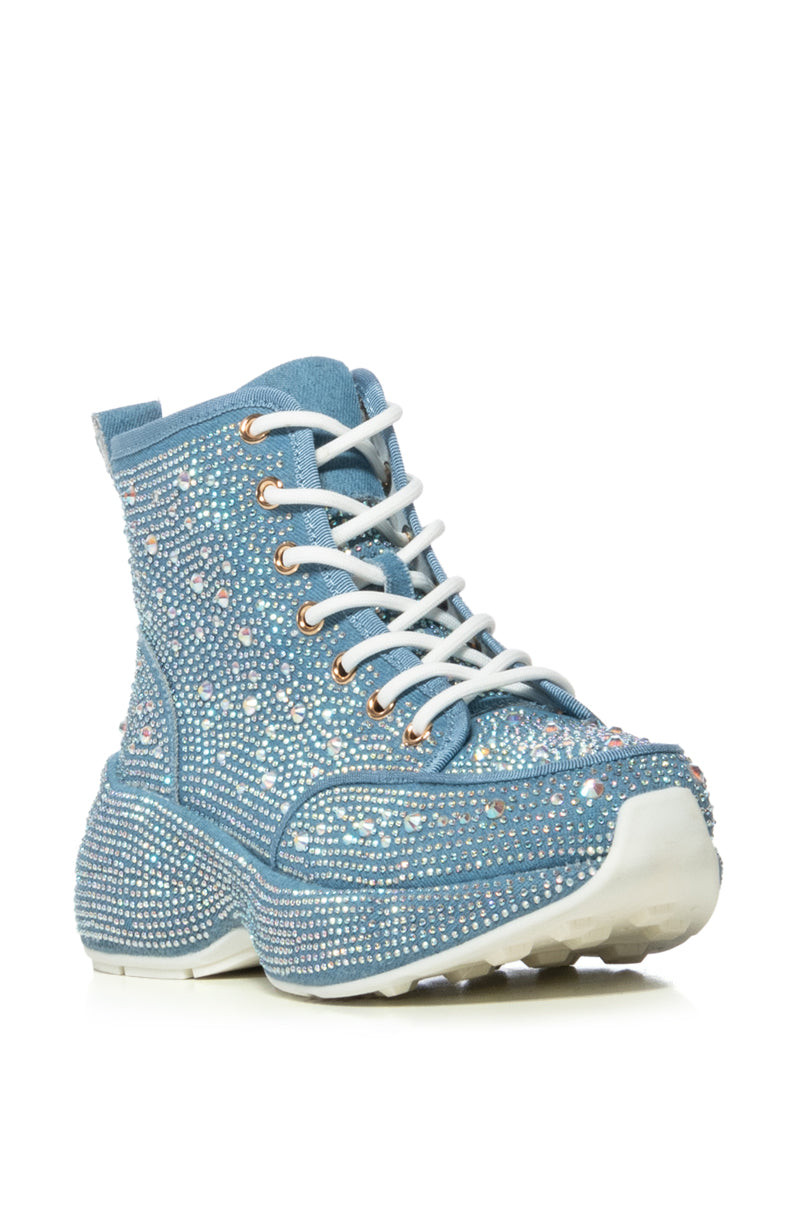 QUEENDOM EMBELLISHED HIGH TOP SNEAKER IN DENIM