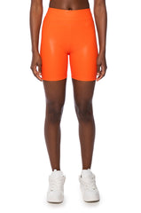 RIO FAUX LEATHER BIKER SHORT IN ORANGE